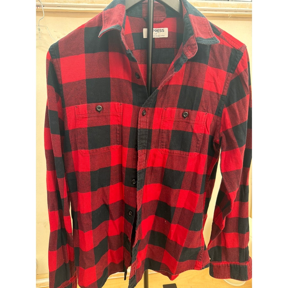 Express Mens Buffalo Plaid Flannel Button Down Shirt Red Black Small